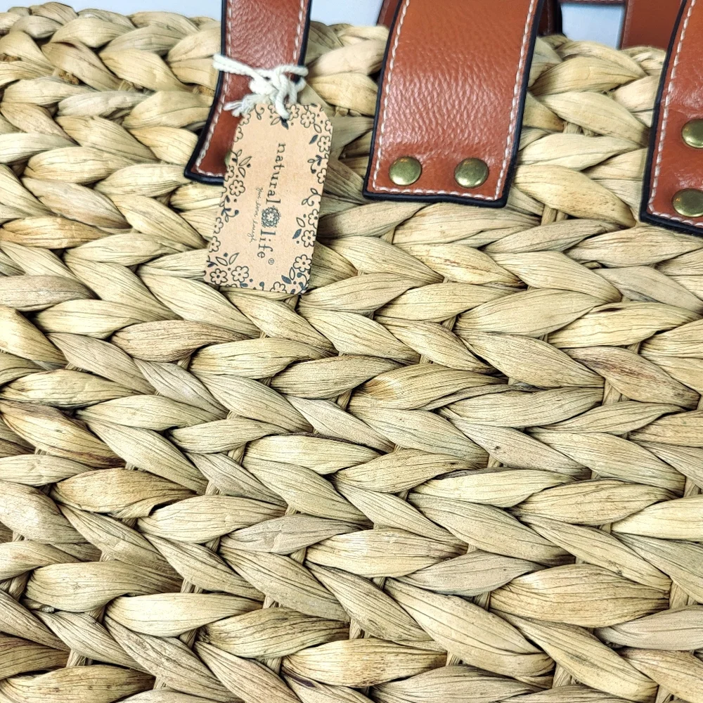 Natural Life Straw Backpack Tote BAG Floral Lined Water Hyacinth Woven Boho NWT
